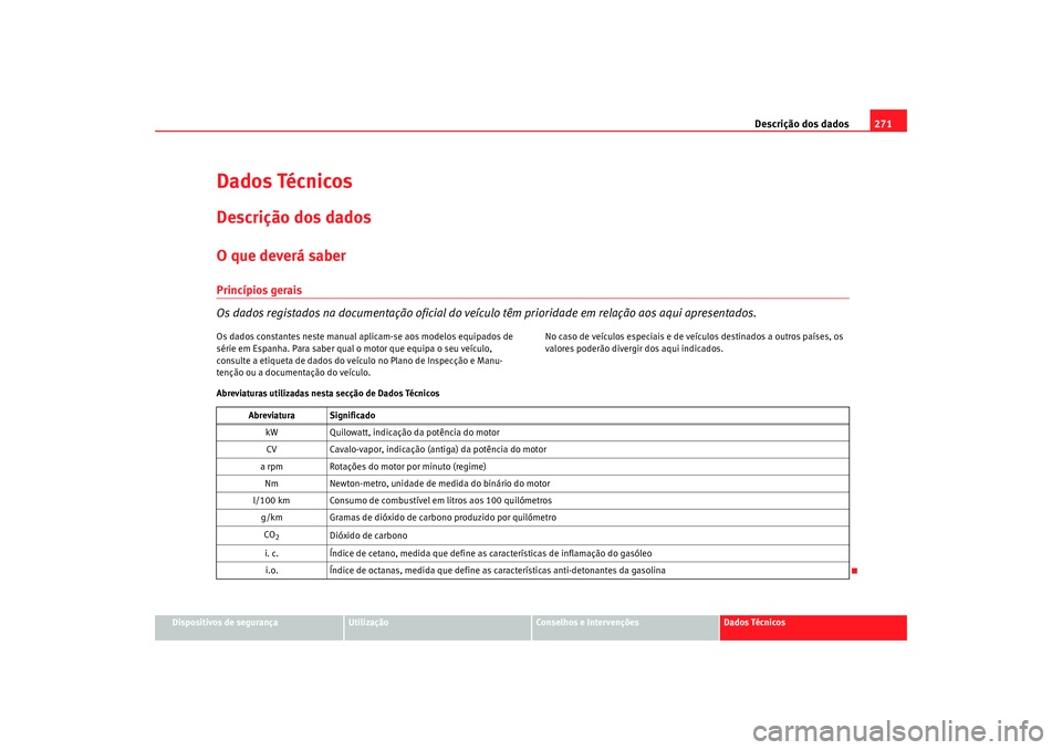 Seat Alhambra 2009 Manual do proprietário (in Portuguese) Descrição dos dados271
Dispositivos de segurança
Utilização
Conselhos e Intervenções
Dados Técnicos
Dados TécnicosDescrição dos dadosO que deverá saberPrincípios gerais
Os dados registado Seat Alhambra 2009 Manual do proprietário (in Portuguese) Descrição dos dados271
Dispositivos de segurança
Utilização
Conselhos e Intervenções
Dados Técnicos
Dados TécnicosDescrição dos dadosO que deverá saberPrincípios gerais
Os dados registado