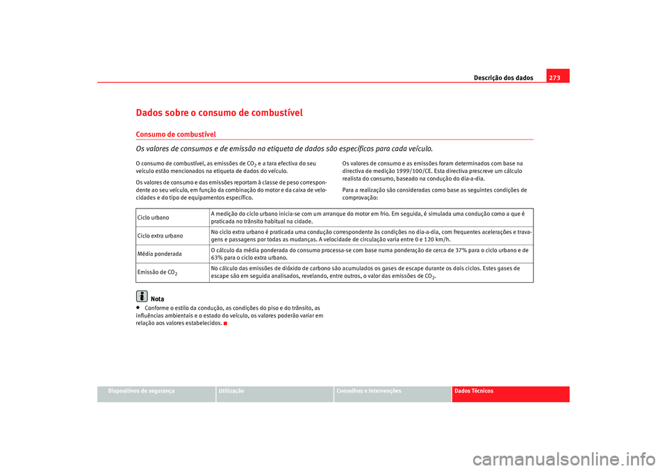 Seat Alhambra 2009 Manual do proprietário (in Portuguese) Descrição dos dados273
Dispositivos de segurança
Utilização
Conselhos e Intervenções
Dados Técnicos
Dados sobre o consumo de combustívelConsumo de combustível
Os valores de consumos e de emi Seat Alhambra 2009 Manual do proprietário (in Portuguese) Descrição dos dados273
Dispositivos de segurança
Utilização
Conselhos e Intervenções
Dados Técnicos
Dados sobre o consumo de combustívelConsumo de combustível
Os valores de consumos e de emi