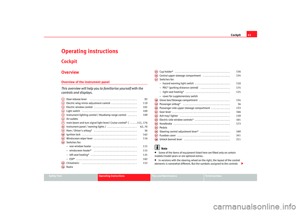 Seat Alhambra 2008  Owners Manual Cockpit61
Safety First
Operating instructions
Tips and Maintenance
Te c h n i c a l  D a t a
Operating instructionsCockpitOverviewOverview of the instrument panel
This overview will help you to famili