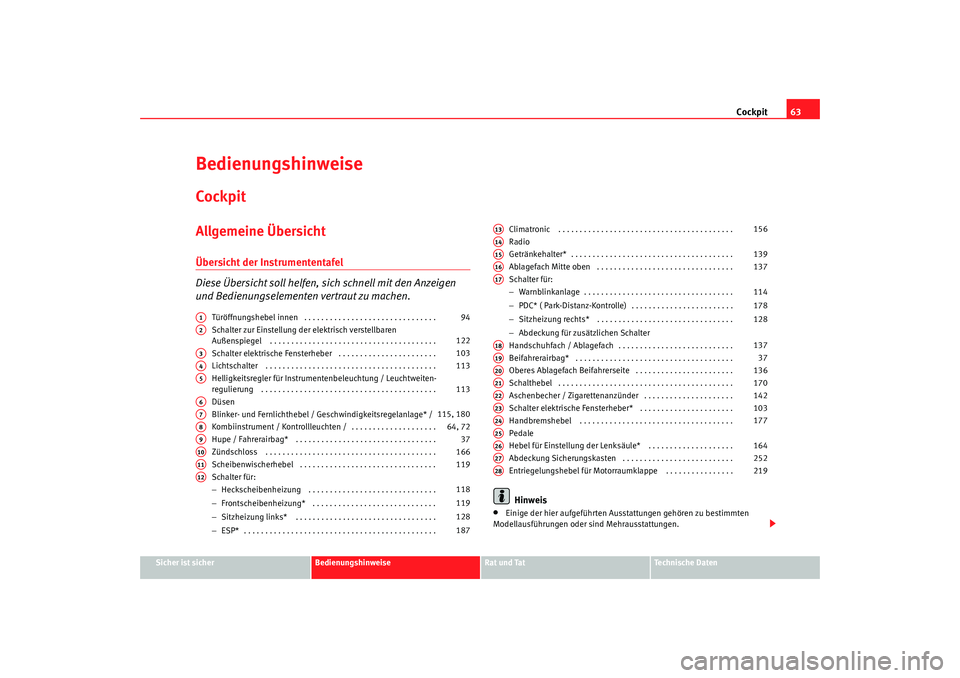 Seat Alhambra 2008  Betriebsanleitung (in German) Cockpit63
Sicher ist sicher
Bedienungshinweise
Rat und Tat
Te c h n i s c h e  D a t e n
BedienungshinweiseCockpitAllgemeine ÜbersichtÜbersicht der Instrumententafel
Diese Übersicht soll helfen, si