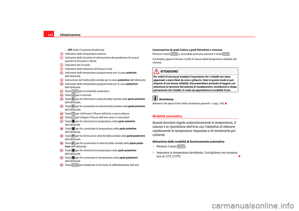 Seat Alhambra 2008 Manuale del proprietario (in Italian) Climatizzazione
162
− OFF (tutto limpianto disattivato)
Indicatore della temperatura esterna
Indicatore della funzione di sbrinamento del parabrezza (è acceso
quando la funzione è attiva)
Indic Seat Alhambra 2008 Manuale del proprietario (in Italian) Climatizzazione
162
− OFF (tutto limpianto disattivato)
Indicatore della temperatura esterna
Indicatore della funzione di sbrinamento del parabrezza (è acceso
quando la funzione è attiva)
Indic