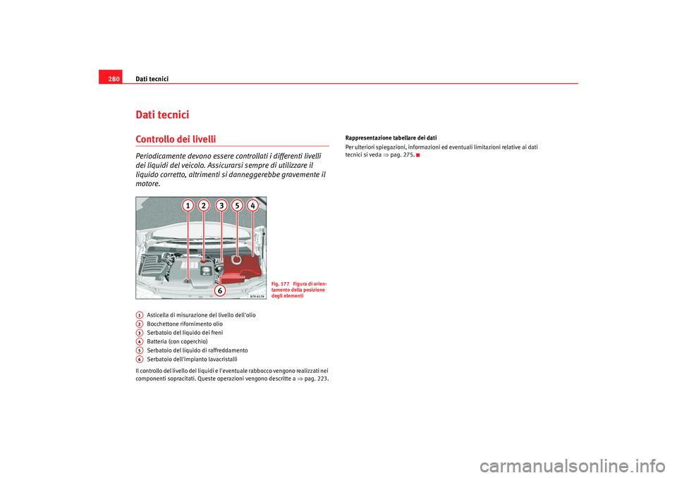 Seat Alhambra 2008 Manuale del proprietario (in Italian) Dati tecnici
280Dati tecniciControllo dei livelliPeriodicamente devono essere controllati i differenti livelli
dei liquidi del veicolo. Assicurarsi sempre di utilizzare il
liquido corretto, altrimen Seat Alhambra 2008 Manuale del proprietario (in Italian) Dati tecnici
280Dati tecniciControllo dei livelliPeriodicamente devono essere controllati i differenti livelli
dei liquidi del veicolo. Assicurarsi sempre di utilizzare il
liquido corretto, altrimen