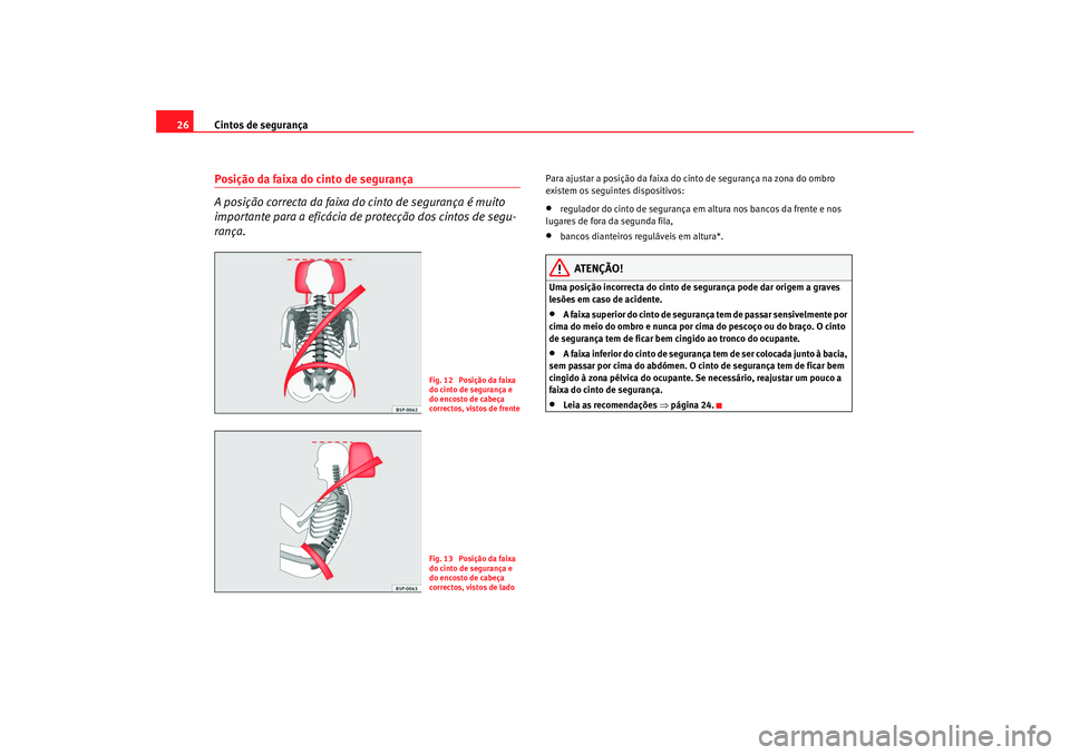 Seat Alhambra 2008 Manual do proprietário (in Portuguese) Cintos de segurança
26Posição da faixa do cinto de segurança
A posição correcta da faixa do cinto de segurança é muito
importante para a eficácia de protecção dos cintos de segu-
rança.
P Seat Alhambra 2008 Manual do proprietário (in Portuguese) Cintos de segurança
26Posição da faixa do cinto de segurança
A posição correcta da faixa do cinto de segurança é muito
importante para a eficácia de protecção dos cintos de segu-
rança.
P