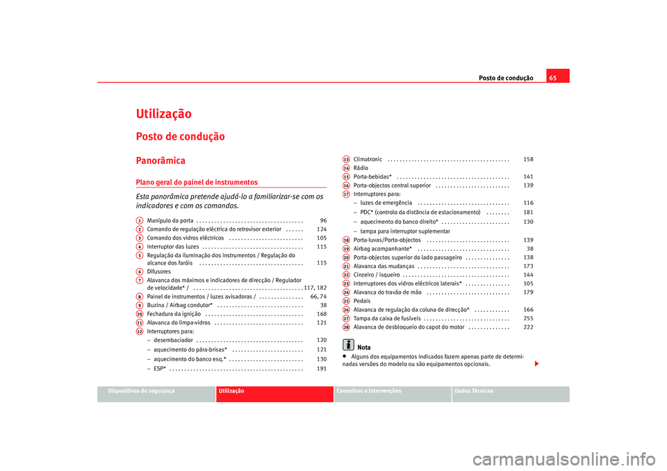 Seat Alhambra 2008 Manual do proprietário (in Portuguese) Posto de condução65
Dispositivos de segurança
Utilização
Conselhos e Intervenções
Dados Técnicos
UtilizaçãoPosto de conduçãoPanorâmicaPlano geral do painel de instrumentos
Esta panorâmic Seat Alhambra 2008 Manual do proprietário (in Portuguese) Posto de condução65
Dispositivos de segurança
Utilização
Conselhos e Intervenções
Dados Técnicos
UtilizaçãoPosto de conduçãoPanorâmicaPlano geral do painel de instrumentos
Esta panorâmic