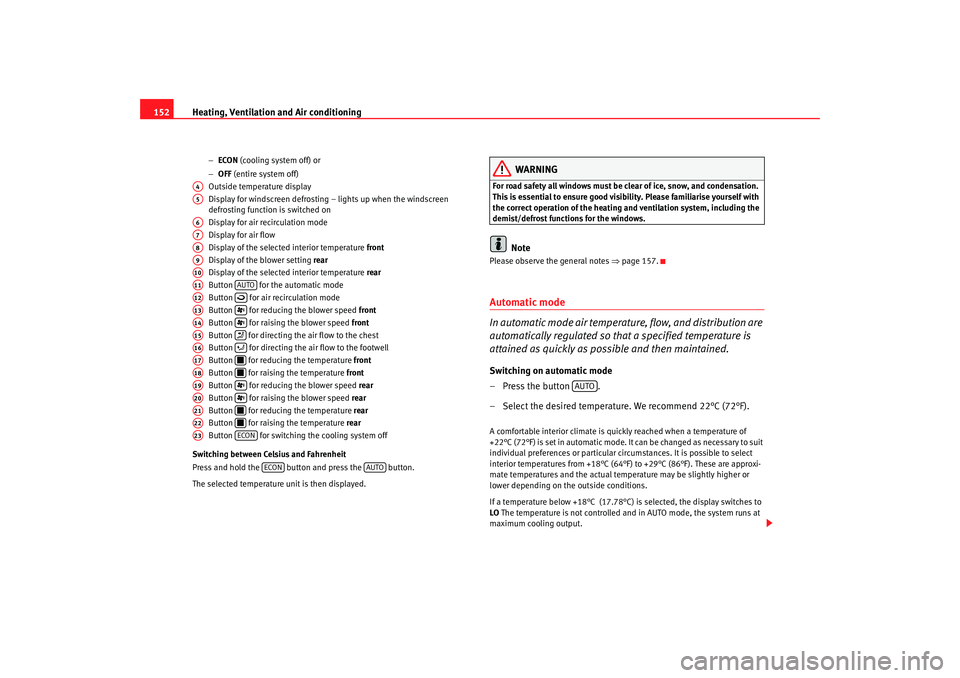 Seat Alhambra 2007 Owners Manual Heating, Ventilation and Air conditioning
152
− ECON (cooling system off) or
− OFF (entire system off)
Outside temperature display
Display for windscreen defrosting – lights up when the winds Seat Alhambra 2007 Owners Manual Heating, Ventilation and Air conditioning
152
− ECON (cooling system off) or
− OFF (entire system off)
Outside temperature display
Display for windscreen defrosting – lights up when the winds