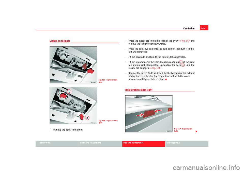 Seat Alhambra 2007  Owners Manual If and when247
Safety First
Operating instructions
Tips and Maintenance
Te c h n i c a l  D a t a
Lights on tailgate– Remove the cover in the trim. – Press the elastic tab in the direction of the 