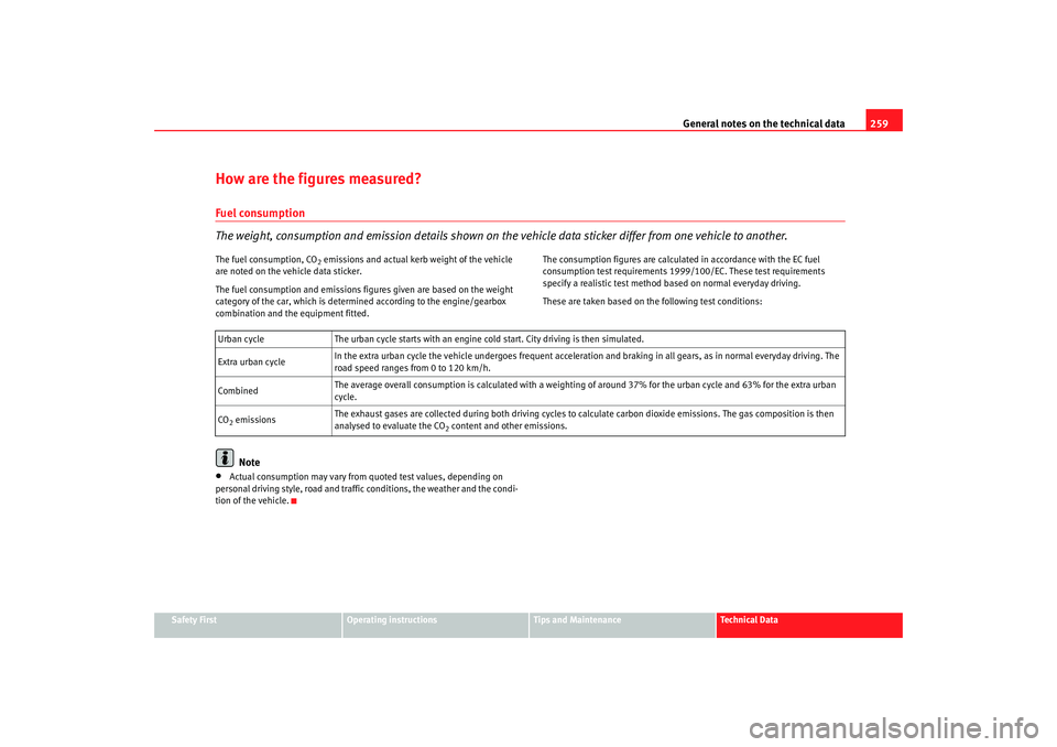 Seat Alhambra 2007 Owners Manual General notes on the technical data 259
Safety First
Operating instructions
Tips and Maintenance
Te c h n i c a l D a t a
How are the figures measured?Fuel consumption
The weight, consumption and emi Seat Alhambra 2007 Owners Manual General notes on the technical data 259
Safety First
Operating instructions
Tips and Maintenance
Te c h n i c a l D a t a
How are the figures measured?Fuel consumption
The weight, consumption and emi