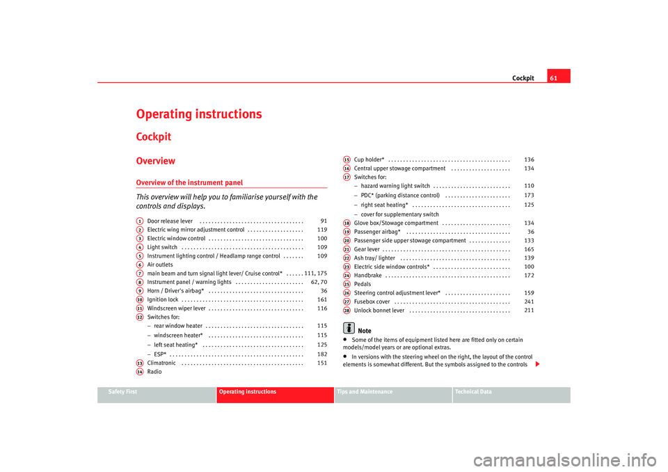 Seat Alhambra 2007 Owners Manual Cockpit61
Safety First
Operating instructions
Tips and Maintenance
Te c h n i c a l D a t a
Operating instructionsCockpitOverviewOverview of the instrument panel
This overview will help you to famil Seat Alhambra 2007 Owners Manual Cockpit61
Safety First
Operating instructions
Tips and Maintenance
Te c h n i c a l D a t a
Operating instructionsCockpitOverviewOverview of the instrument panel
This overview will help you to famil