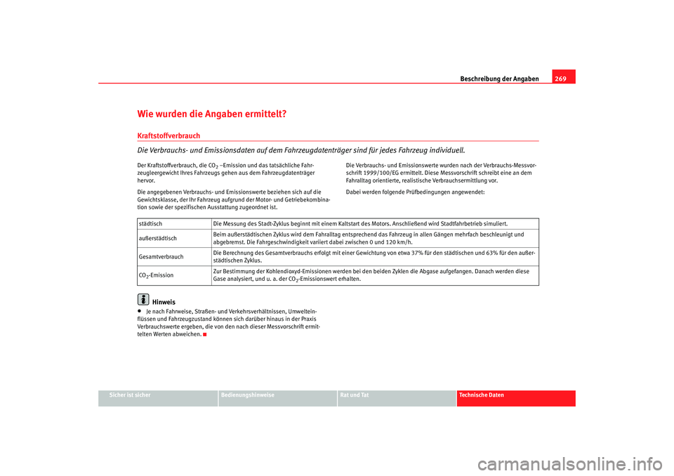 Seat Alhambra 2007  Betriebsanleitung (in German) Beschreibung der Angaben269
Sicher ist sicher
Bedienungshinweise
Rat und Tat
Technische Daten
Wie wurden die Angaben ermittelt?Kraftstoffverbrauch
Die Verbrauchs- und Emissionsdaten auf dem Fahrzeugda