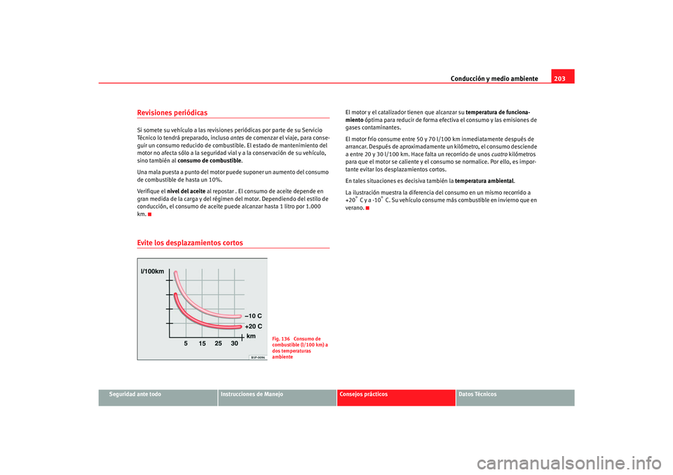 Seat Alhambra 2007  Manual del propietario (in Spanish) Conducción y medio ambiente203
Seguridad ante todo
Instrucciones de Manejo
Consejos prácticos
Datos Técnicos
Revisiones periódicasSi somete su vehículo a las revisiones periódicas por parte de s