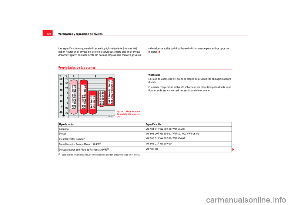 Seat Alhambra 2007 Manual del propietario (in Spanish) Verificación y reposición de niveles
226Las especificaciones que se indican en la página siguiente (normas VW)
deben figurar en el envase del aceite de servicio; siempre que en el envase
del ace Seat Alhambra 2007 Manual del propietario (in Spanish) Verificación y reposición de niveles
226Las especificaciones que se indican en la página siguiente (normas VW)
deben figurar en el envase del aceite de servicio; siempre que en el envase
del ace