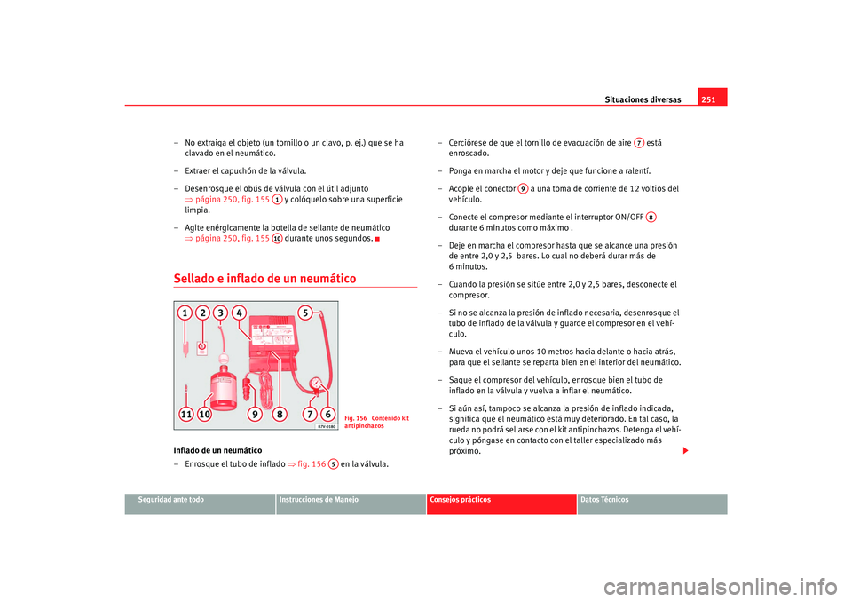 Seat Alhambra 2007 Manual del propietario (in Spanish) Situaciones diversas251
Seguridad ante todo
Instrucciones de Manejo
Consejos prácticos
Datos Técnicos
– No extraiga el objeto (un tornillo o un clavo, p. ej.) que se ha
clavado en el neumático.
Seat Alhambra 2007 Manual del propietario (in Spanish) Situaciones diversas251
Seguridad ante todo
Instrucciones de Manejo
Consejos prácticos
Datos Técnicos
– No extraiga el objeto (un tornillo o un clavo, p. ej.) que se ha
clavado en el neumático.