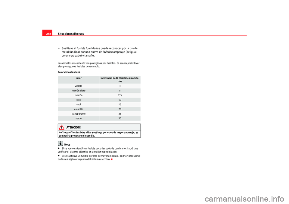 Seat Alhambra 2007 Manual del propietario (in Spanish) Situaciones diversas
258
– Sustituya el fusible fundido (se puede reconocer por la tira de metal fundida) por uno nuevo de idéntico amperaje (de igual
color y grabado) y tamaño.Los circuitos de Seat Alhambra 2007 Manual del propietario (in Spanish) Situaciones diversas
258
– Sustituya el fusible fundido (se puede reconocer por la tira de metal fundida) por uno nuevo de idéntico amperaje (de igual
color y grabado) y tamaño.Los circuitos de