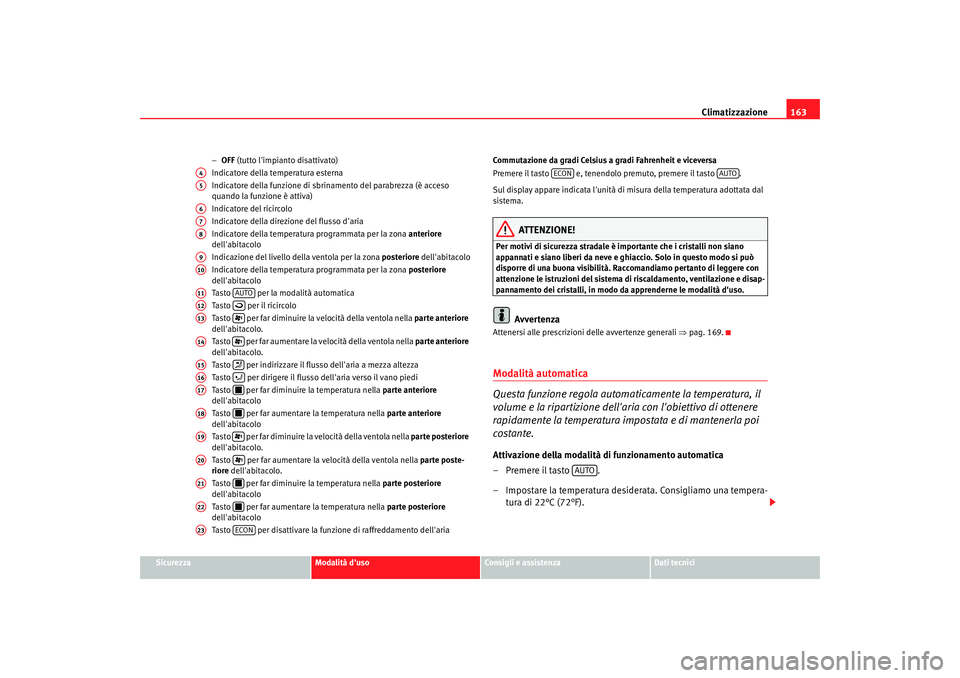 Seat Alhambra 2007 Manuale del proprietario (in Italian) Climatizzazione163
Sicurezza
Modalità duso
Consigli e assistenza
Dati tecnici
−
OFF (tutto limpianto disattivato)
Indicatore della temperatura esterna
Indicatore della funzione di sbrinamento de Seat Alhambra 2007 Manuale del proprietario (in Italian) Climatizzazione163
Sicurezza
Modalità duso
Consigli e assistenza
Dati tecnici
−
OFF (tutto limpianto disattivato)
Indicatore della temperatura esterna
Indicatore della funzione di sbrinamento de