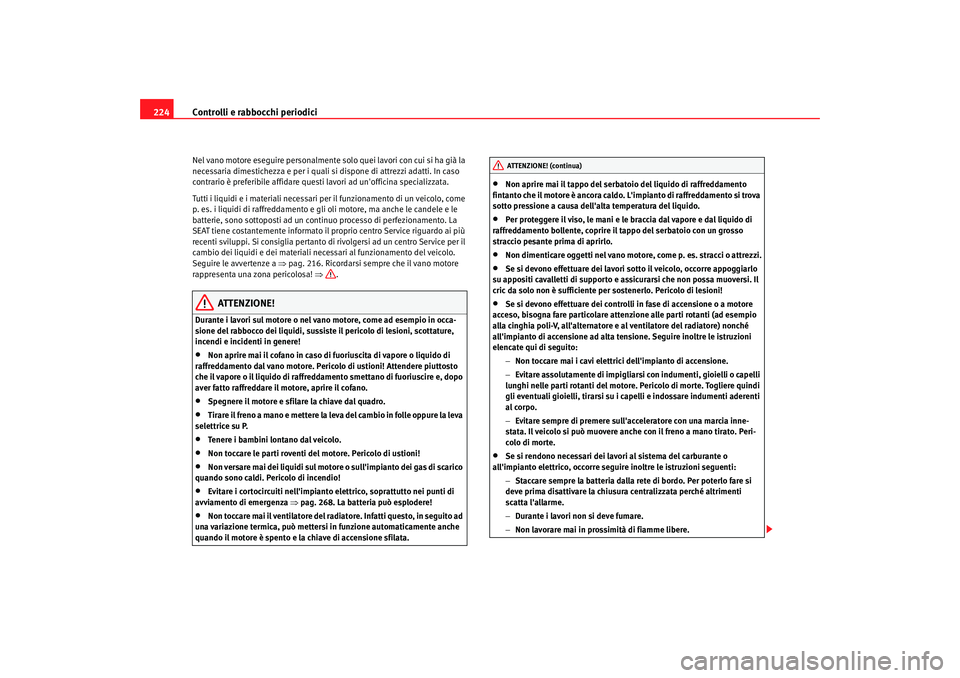 Seat Alhambra 2007 Manuale del proprietario (in Italian) Controlli e rabbocchi periodici
224Nel vano motore eseguire personalmente so lo quei lavori con cui si ha già la
necessaria dimestichezza e per i quali si dispone di attrezzi adatti. In caso
contra Seat Alhambra 2007 Manuale del proprietario (in Italian) Controlli e rabbocchi periodici
224Nel vano motore eseguire personalmente so lo quei lavori con cui si ha già la
necessaria dimestichezza e per i quali si dispone di attrezzi adatti. In caso
contra