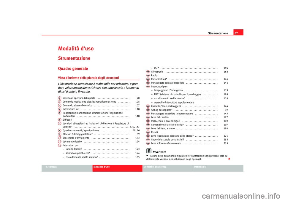 Seat Alhambra 2007  Manuale del proprietario (in Italian) Strumentazione67
Sicurezza
Modalità duso
Consigli e assistenza
Dati tecnici
Modalità dusoStrumentazioneQuadro generaleVista dinsieme della plancia degli strumenti
Lillustrazione sottostante è m