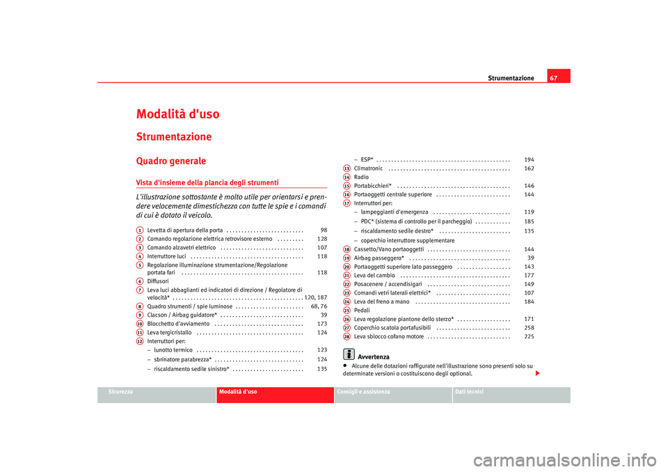 Seat Alhambra 2007  Manuale del proprietario (in Italian) Strumentazione67
Sicurezza
Modalità duso
Consigli e assistenza
Dati tecnici
Modalità dusoStrumentazioneQuadro generaleVista dinsieme della plancia degli strumenti
Lillustrazione sottostante è m