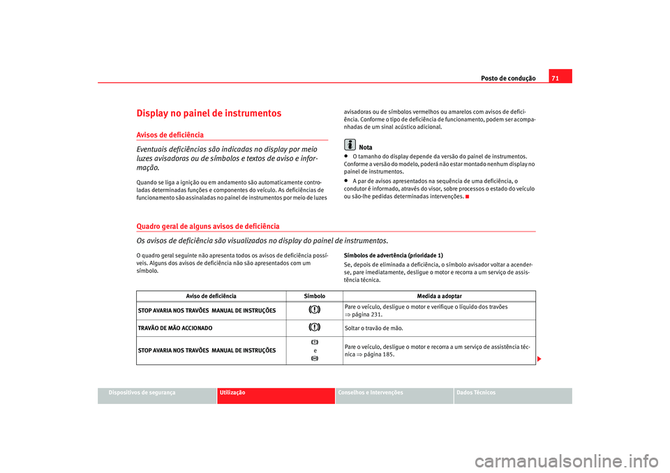 Seat Alhambra 2007 Manual do proprietário (in Portuguese) Posto de condução71
Dispositivos de segurança
Utilização
Conselhos e Intervenções
Dados Técnicos
Display no painel de instrumentosAvisos de deficiência
Eventuais deficiências são indicadas Seat Alhambra 2007 Manual do proprietário (in Portuguese) Posto de condução71
Dispositivos de segurança
Utilização
Conselhos e Intervenções
Dados Técnicos
Display no painel de instrumentosAvisos de deficiência
Eventuais deficiências são indicadas