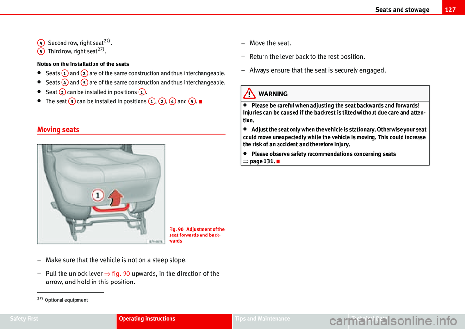Seat Alhambra 2006  Owners Manual Seats and stowage127
Safety FirstOperating instructionsTips and MaintenanceTe c h n i c a l  D a t a Second row, right seat
27).
Third row, right seat27).
Notes on the installation of the seats
•Sea