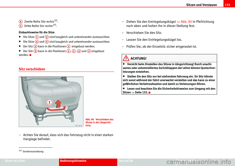 Seat Alhambra 2006 Betriebsanleitung (in German) Sitzen und Verstauen131
Sicher ist sicherBedienungshinweiseRat und TatTechnische Daten Zweite Reihe Sitz rechts
27).
Dritte Reihe Sitz rechts27).
Einbauhinweise für die Sitze
•Die Sitze und sin Seat Alhambra 2006 Betriebsanleitung (in German) Sitzen und Verstauen131
Sicher ist sicherBedienungshinweiseRat und TatTechnische Daten Zweite Reihe Sitz rechts
27).
Dritte Reihe Sitz rechts27).
Einbauhinweise für die Sitze
•Die Sitze und sin
