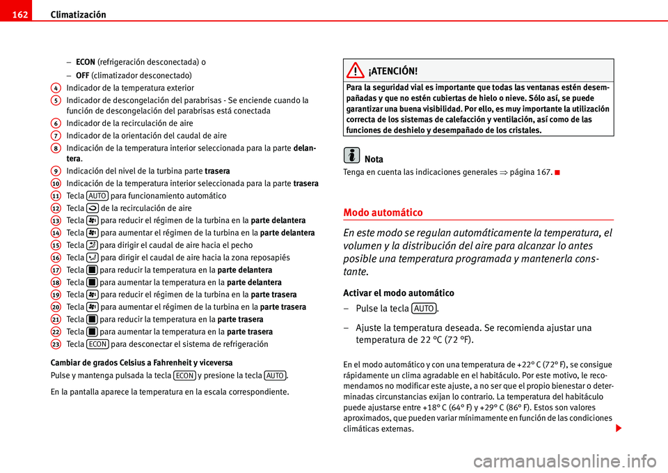 Seat Alhambra 2006 Manual del propietario (in Spanish) Climatización 162
−ECON (refrigeración desconectada) o
−OFF (climatizador desconectado)
Indicador de la temperatura exterior
Indicador de descongelación del parabrisas - Se enciende cuando la
Seat Alhambra 2006 Manual del propietario (in Spanish) Climatización 162
−ECON (refrigeración desconectada) o
−OFF (climatizador desconectado)
Indicador de la temperatura exterior
Indicador de descongelación del parabrisas - Se enciende cuando la
