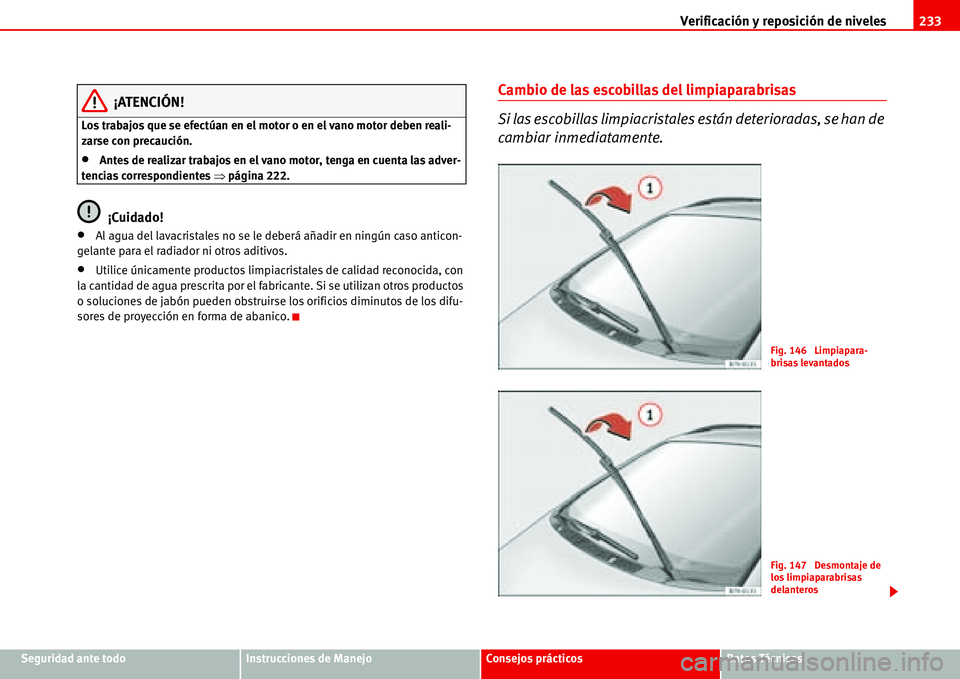 Seat Alhambra 2006  Manual del propietario (in Spanish) Verificación y reposición de niveles233
Seguridad ante todoInstrucciones de ManejoConsejos prácticosDatos Técnicos
¡ATENCIÓN!
Los trabajos que se efectúan en el motor o en el vano motor deben r