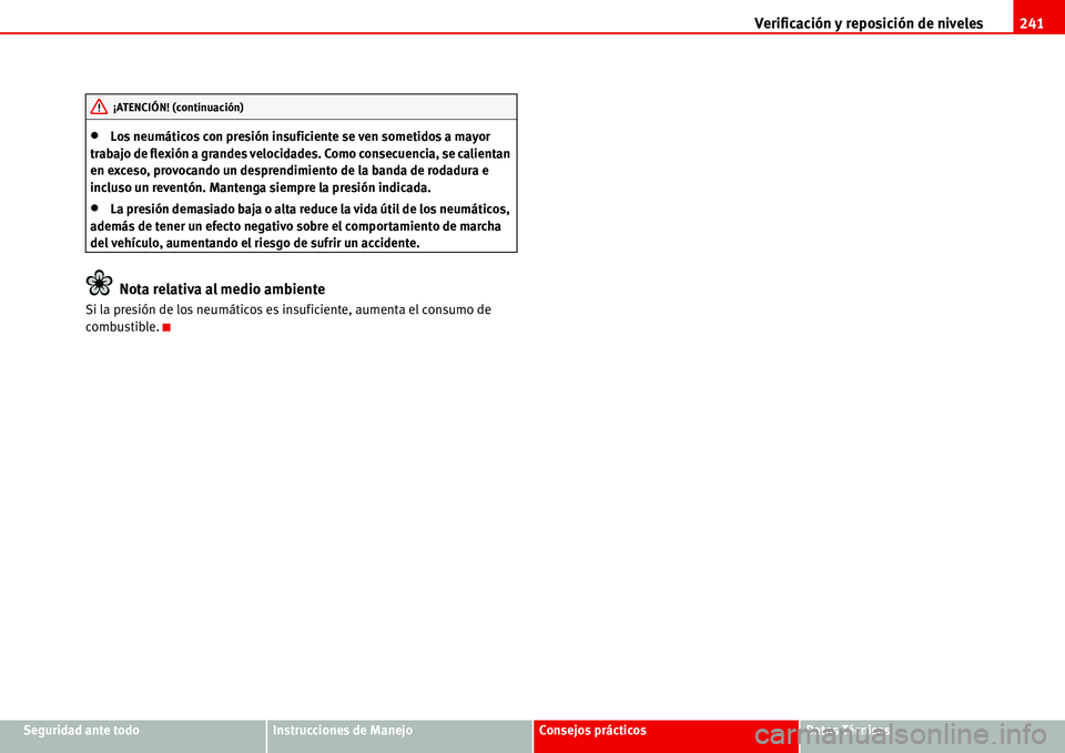 Seat Alhambra 2006 Manual del propietario (in Spanish) Verificación y reposición de niveles241
Seguridad ante todoInstrucciones de ManejoConsejos prácticosDatos Técnicos
•Los neumáticos con presión insuficiente se ven sometidos a mayor
trabajo de Seat Alhambra 2006 Manual del propietario (in Spanish) Verificación y reposición de niveles241
Seguridad ante todoInstrucciones de ManejoConsejos prácticosDatos Técnicos
•Los neumáticos con presión insuficiente se ven sometidos a mayor
trabajo de
