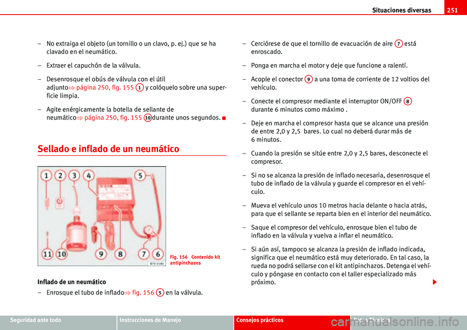 Seat Alhambra 2006  Manual del propietario (in Spanish) Situaciones diversas251
Seguridad ante todoInstrucciones de ManejoConsejos prácticosDatos Técnicos
– No extraiga el objeto (un tornillo o un clavo, p. ej.) que se ha 
clavado en el neumático.
–