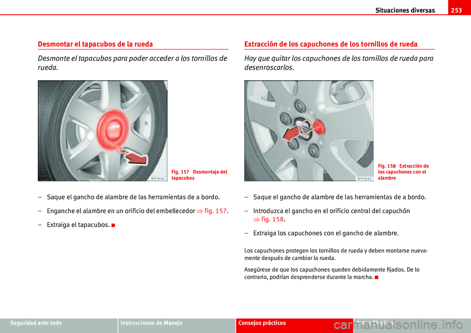 Seat Alhambra 2006  Manual del propietario (in Spanish) Situaciones diversas253
Seguridad ante todoInstrucciones de ManejoConsejos prácticosDatos Técnicos
Desmontar el tapacubos de la rueda
Desmonte el tapacubos para poder acceder a los tornillos de 
rue