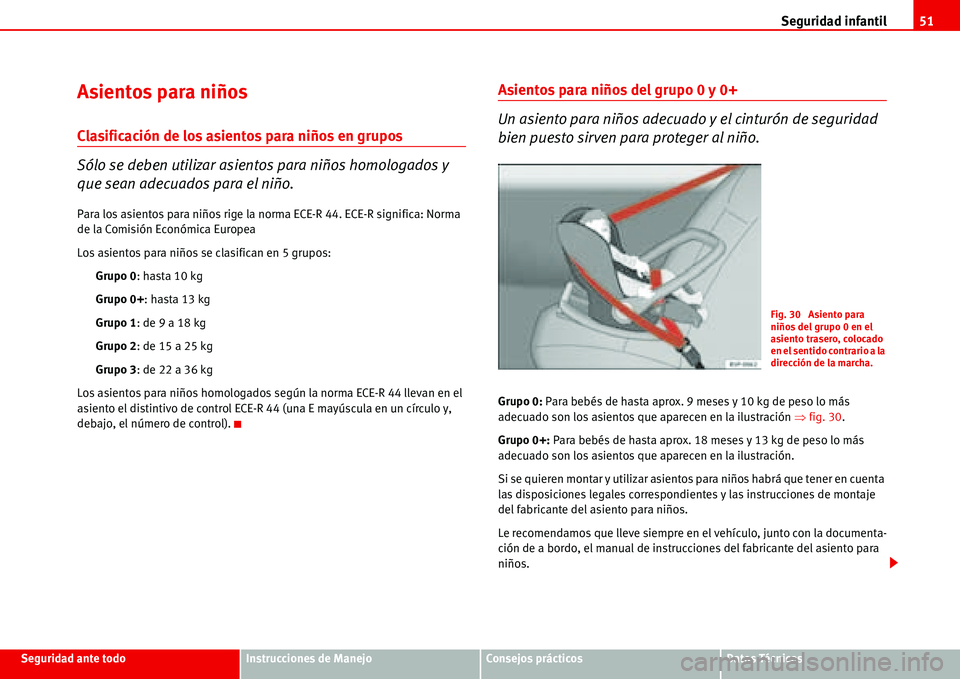 Seat Alhambra 2006  Manual del propietario (in Spanish) Seguridad infantil51
Seguridad ante todoInstrucciones de ManejoConsejos prácticosDatos Técnicos
Asientos para niños
Clasificación de los asientos para niños en grupos
Sólo se deben utilizar asie