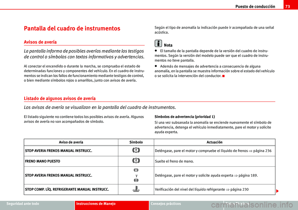 Seat Alhambra 2006  Manual del propietario (in Spanish) Puesto de conducción73
Seguridad ante todoInstrucciones de ManejoConsejos prácticosDatos Técnicos
Pantalla del cuadro de instrumentos
Avisos de avería
La pantalla informa de posibles averías medi