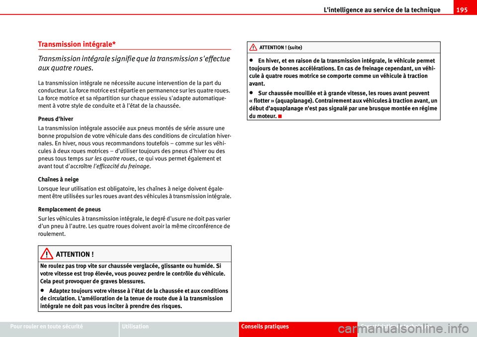 Seat Alhambra 2006  Manuel du propriétaire (in French)  Lintelligence au service de la technique195
Pour rouler en toute sécuritéUtilisationConseils pratiquesCaractéristiques techniques
Transmission intégrale*
Transmission intégrale signifie que la t