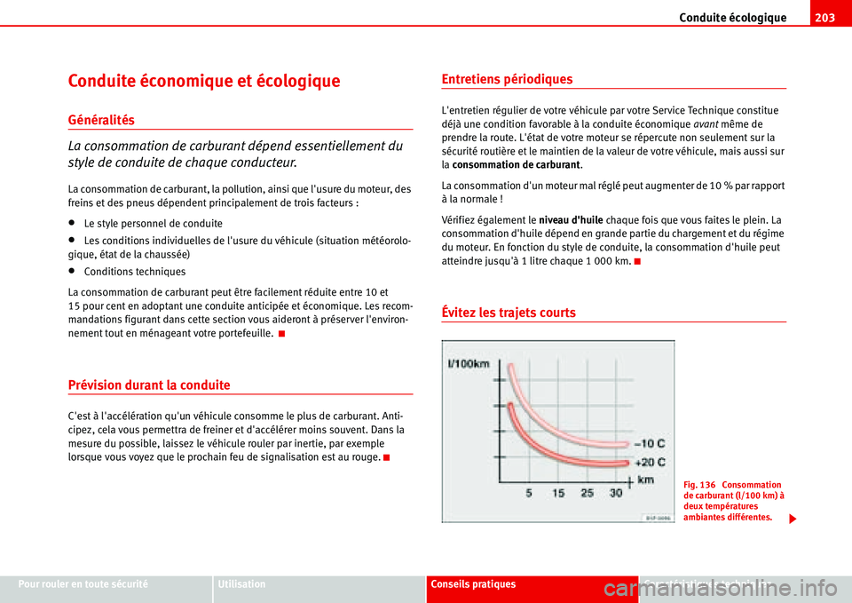Seat Alhambra 2006  Manuel du propriétaire (in French)  Conduite écologique203
Pour rouler en toute sécuritéUtilisationConseils pratiquesCaractéristiques techniques
Conduite économique et écologique
Généralités
La consommation de carburant dépend