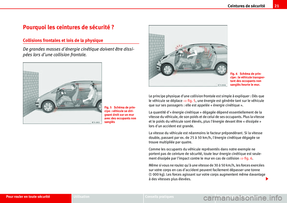 Seat Alhambra 2006 Manuel du propriétaire (in French) Ceintures de sécurité21
Pour rouler en toute sécuritéUtilisationConseils pratiquesCaractéristiques techniques
Pourquoi les ceintures de sécurité ?
Collisions frontales et lois de la physique
De Seat Alhambra 2006 Manuel du propriétaire (in French) Ceintures de sécurité21
Pour rouler en toute sécuritéUtilisationConseils pratiquesCaractéristiques techniques
Pourquoi les ceintures de sécurité ?
Collisions frontales et lois de la physique
De