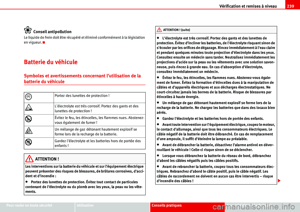 Seat Alhambra 2006 Manuel du propriétaire (in French) Vérification et remises à niveau239
Pour rouler en toute sécuritéUtilisationConseils pratiquesCaractéristiques techniques
Conseil antipollution
Le liquide de frein doit être récupéré et élim Seat Alhambra 2006 Manuel du propriétaire (in French) Vérification et remises à niveau239
Pour rouler en toute sécuritéUtilisationConseils pratiquesCaractéristiques techniques
Conseil antipollution
Le liquide de frein doit être récupéré et élim
