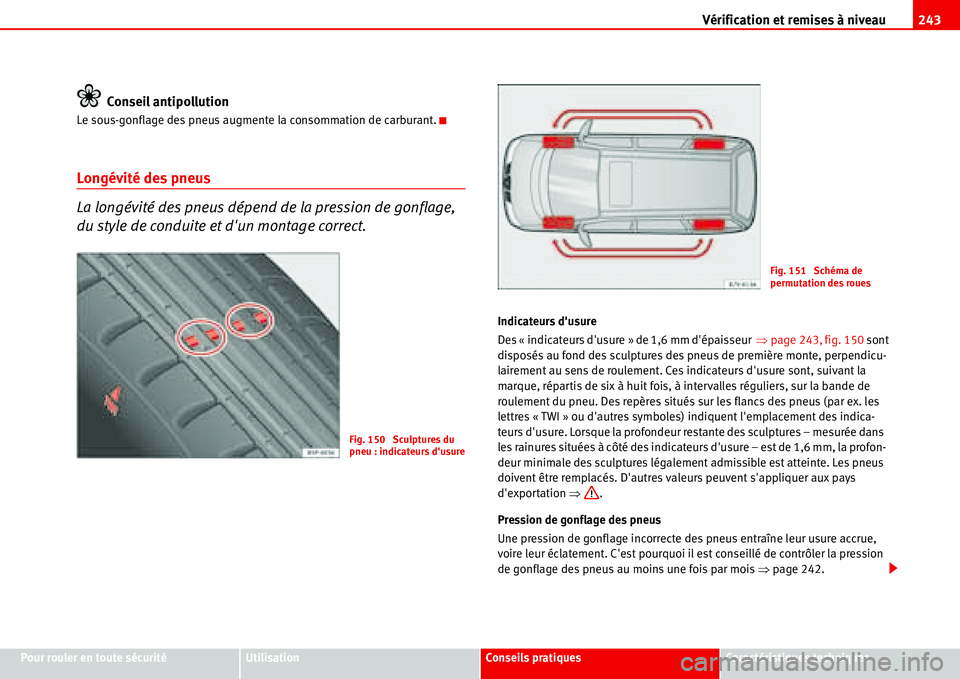 Seat Alhambra 2006 Manuel du propriétaire (in French) Vérification et remises à niveau243
Pour rouler en toute sécuritéUtilisationConseils pratiquesCaractéristiques techniques
Conseil antipollution
Le sous-gonflage des pneus augmente la consommation Seat Alhambra 2006 Manuel du propriétaire (in French) Vérification et remises à niveau243
Pour rouler en toute sécuritéUtilisationConseils pratiquesCaractéristiques techniques
Conseil antipollution
Le sous-gonflage des pneus augmente la consommation