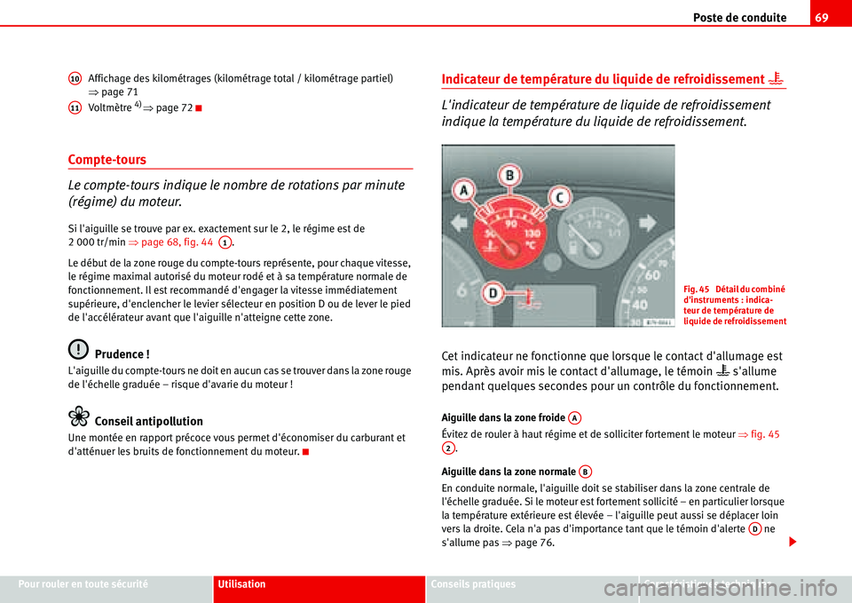 Seat Alhambra 2006  Manuel du propriétaire (in French)  Poste de conduite69
Pour rouler en toute sécuritéUtilisationConseils pratiquesCaractéristiques techniques Affichage des kilométrages (kilométrage total / kilométrage partiel) 
�Ÿpage 71
Vol tm 