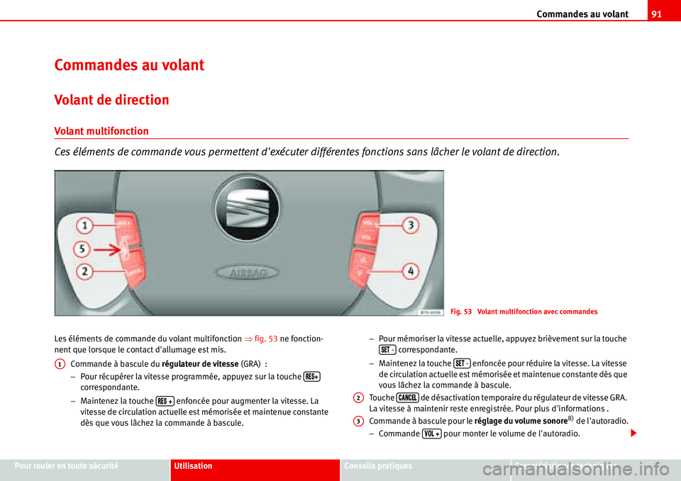 Seat Alhambra 2006 Manuel du propriétaire (in French) Commandes au volant91
Pour rouler en toute sécuritéUtilisationConseils pratiquesCaractéristiques techniques
Commandes au volant
Volant de direction
Volant multifonction
Ces éléments de commande v Seat Alhambra 2006 Manuel du propriétaire (in French) Commandes au volant91
Pour rouler en toute sécuritéUtilisationConseils pratiquesCaractéristiques techniques
Commandes au volant
Volant de direction
Volant multifonction
Ces éléments de commande v