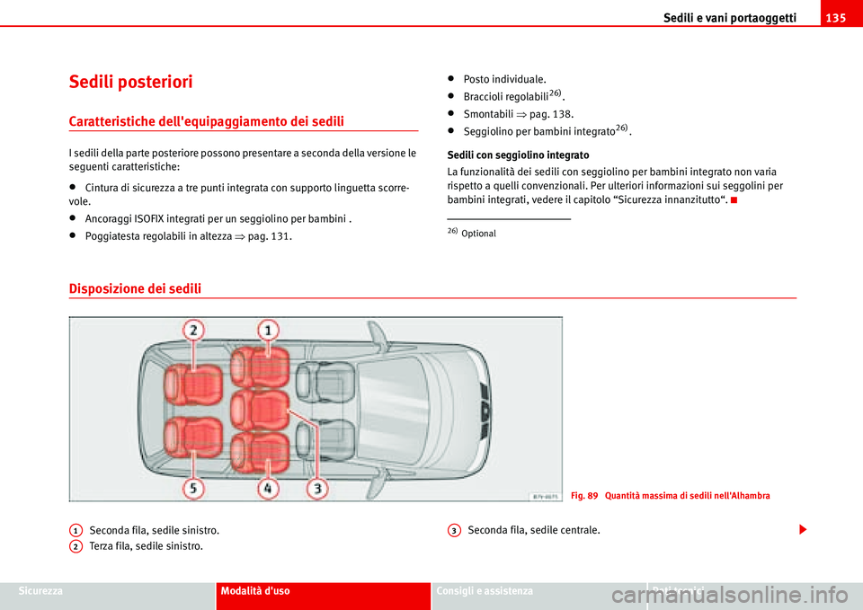 Seat Alhambra 2006  Manuale del proprietario (in Italian) Sedili e vani portaoggetti135
SicurezzaModalità dusoConsigli e assistenzaDati tecnici
Sedili posteriori
Caratteristiche dellequipaggiamento dei sedili
I sedili della parte posteriore possono presen