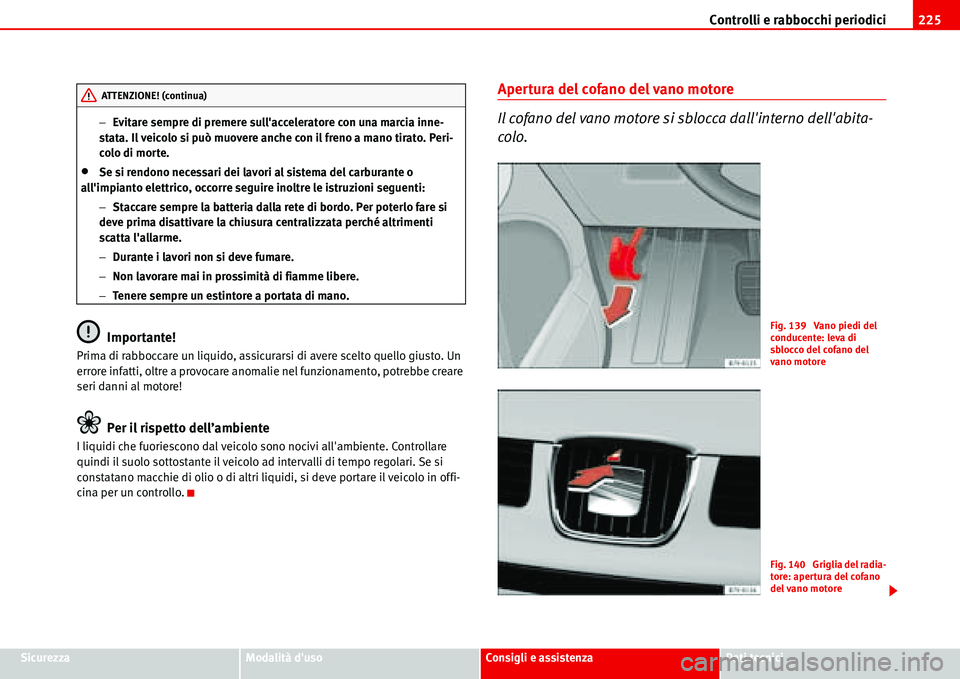 Seat Alhambra 2006  Manuale del proprietario (in Italian) Controlli e rabbocchi periodici225
SicurezzaModalità dusoConsigli e assistenzaDati tecnici −Evitare sempre di premere sullacceleratore con una marcia inne-
stata. Il veicolo si può muovere anche