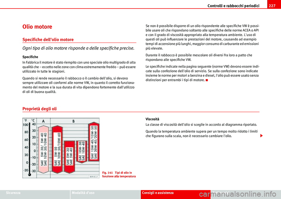 Seat Alhambra 2006  Manuale del proprietario (in Italian) Controlli e rabbocchi periodici227
SicurezzaModalità dusoConsigli e assistenzaDati tecnici
Olio motore
Specifiche dellolio motore
Ogni tipo di olio motore risponde a delle specifiche precise.
Speci