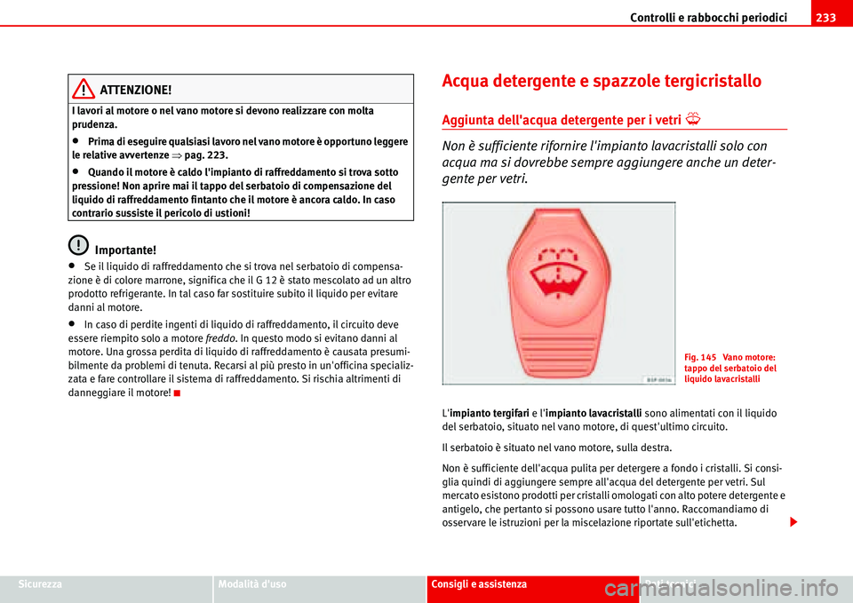 Seat Alhambra 2006  Manuale del proprietario (in Italian) Controlli e rabbocchi periodici233
SicurezzaModalità dusoConsigli e assistenzaDati tecnici
ATTENZIONE!
I lavori al motore o nel vano motore si devono realizzare con molta 
prudenza.
•Prima di eseg