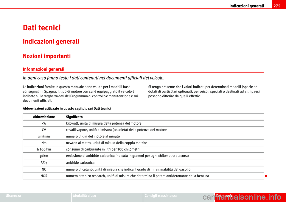 Seat Alhambra 2006  Manuale del proprietario (in Italian) Indicazioni generali275
SicurezzaModalità dusoConsigli e assistenzaDati tecnici
Dati tecnici
Indicazioni generali
Nozioni importanti
Informazioni generali
In ogni caso fanno testo i dati contenuti n