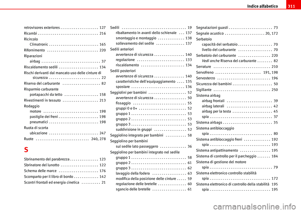 Seat Alhambra 2006  Manuale del proprietario (in Italian) Indice alfabetico311
retrovisores exteriores . . . . . . . . . . . . . . . . . . . . 127
Ricambi . . . . . . . . . . . . . . . . . . . . . . . . . . . . . . . . 216
Ricircolo
Climatronic . . . . . . .