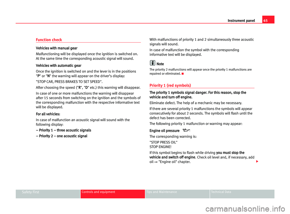 Seat Alhambra 2005 Repair Manual Instrument panel65
Safety FirstControls and equipment Tips and Maintenance Technical Data
Function check
V Ve
eh
hi
ic
cl
le
es
s wwi
it
th
h mma
an
nu
ua
al
l gge
ea
ar
r
Malfunctioning will be displ