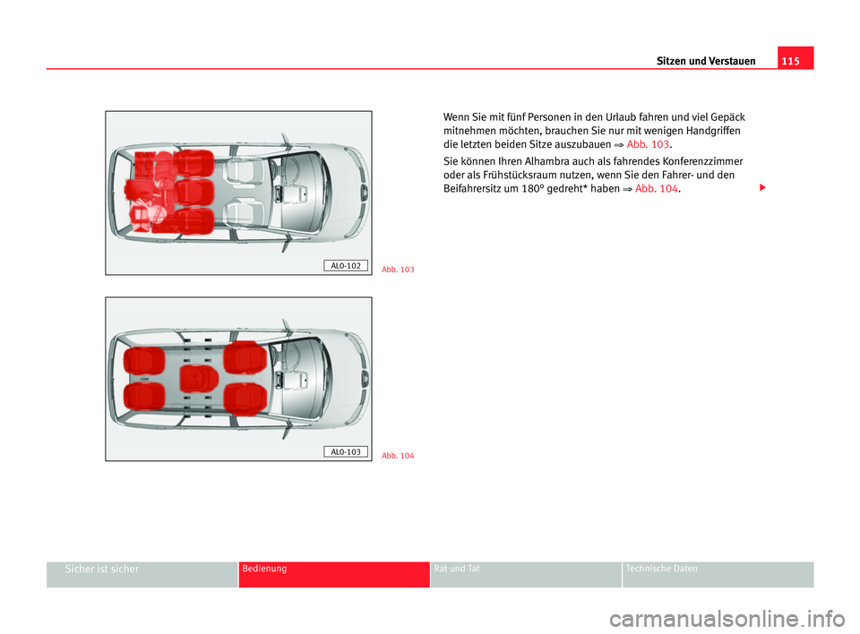 Seat Alhambra 2005  Betriebsanleitung (in German) Sitzen und Verstauen115
Sicher ist sicherBedienung Rat und Tat Technische Daten
Wenn Sie mit fünf Personen in den Urlaub fahren und viel Gepäck
mitnehmen möchten, brauchen Sie nur mit wenigen Handg