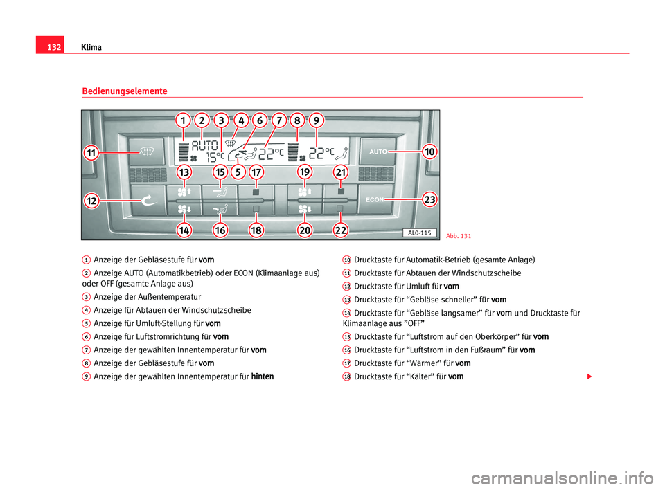 Seat Alhambra 2005  Betriebsanleitung (in German) Klima132
1Anzeige der Gebläsestufe für v vo
or
rn
n
2Anzeige AUTO (Automatikbetrieb) oder ECON (Klimaanlage aus)
oder OFF (gesamte Anlage aus)
3Anzeige der Außentemperatur
4Anzeige für Abtauen der