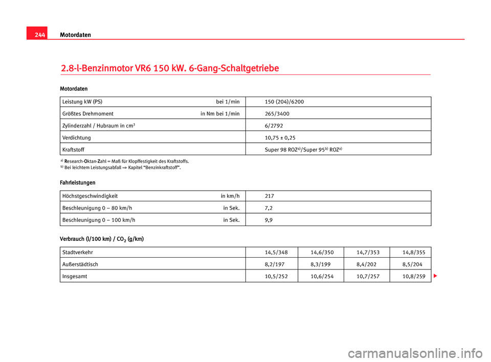 Seat Alhambra 2005  Betriebsanleitung (in German) 244Motordaten
2
2.
.8
8-
-l
l-
-B
Be
en
nz
zi
in
nm
mo
ot
to
or
r VVR
R6
6 115
50
0 kkW
W.
. 66-
-G
Ga
an
ng
g-
-S
Sc
ch
ha
al
lt
tg
ge
et
tr
ri
ie
eb
be
e
Leistung kW (PS) bei 1/min 150 (204)/6200
Gr