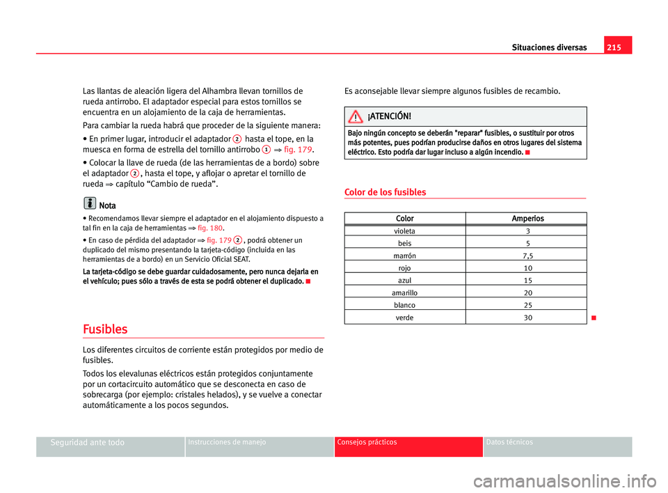 Seat Alhambra 2005 Manual del propietario (in Spanish) 215 Situaciones diversas
Seguridad ante todoInstrucciones de manejo Consejos prácticos Datos técnicos
Las llantas de aleación ligera del Alhambra llevan tornillos de
rueda antirrobo. El adaptador e Seat Alhambra 2005 Manual del propietario (in Spanish) 215 Situaciones diversas
Seguridad ante todoInstrucciones de manejo Consejos prácticos Datos técnicos
Las llantas de aleación ligera del Alhambra llevan tornillos de
rueda antirrobo. El adaptador e