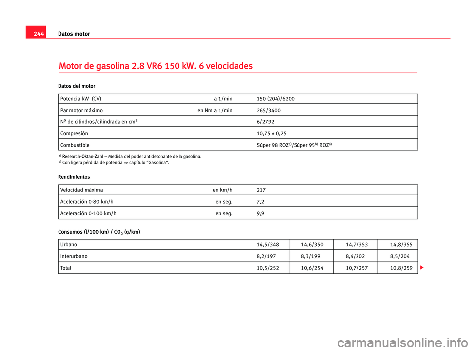 Seat Alhambra 2005  Manual del propietario (in Spanish) 244Datos motor
M
Mo
ot
to
or
r dde
e gga
as
so
ol
li
in
na
a 22.
.8
8 VVR
R6
6 115
50
0 kkW
W.
. 66 vve
el
lo
oc
ci
id
da
ad
de
es
s
Potencia kW (CV) a 1/min 150 (204)/6200
Par motor máximo en Nm a 1